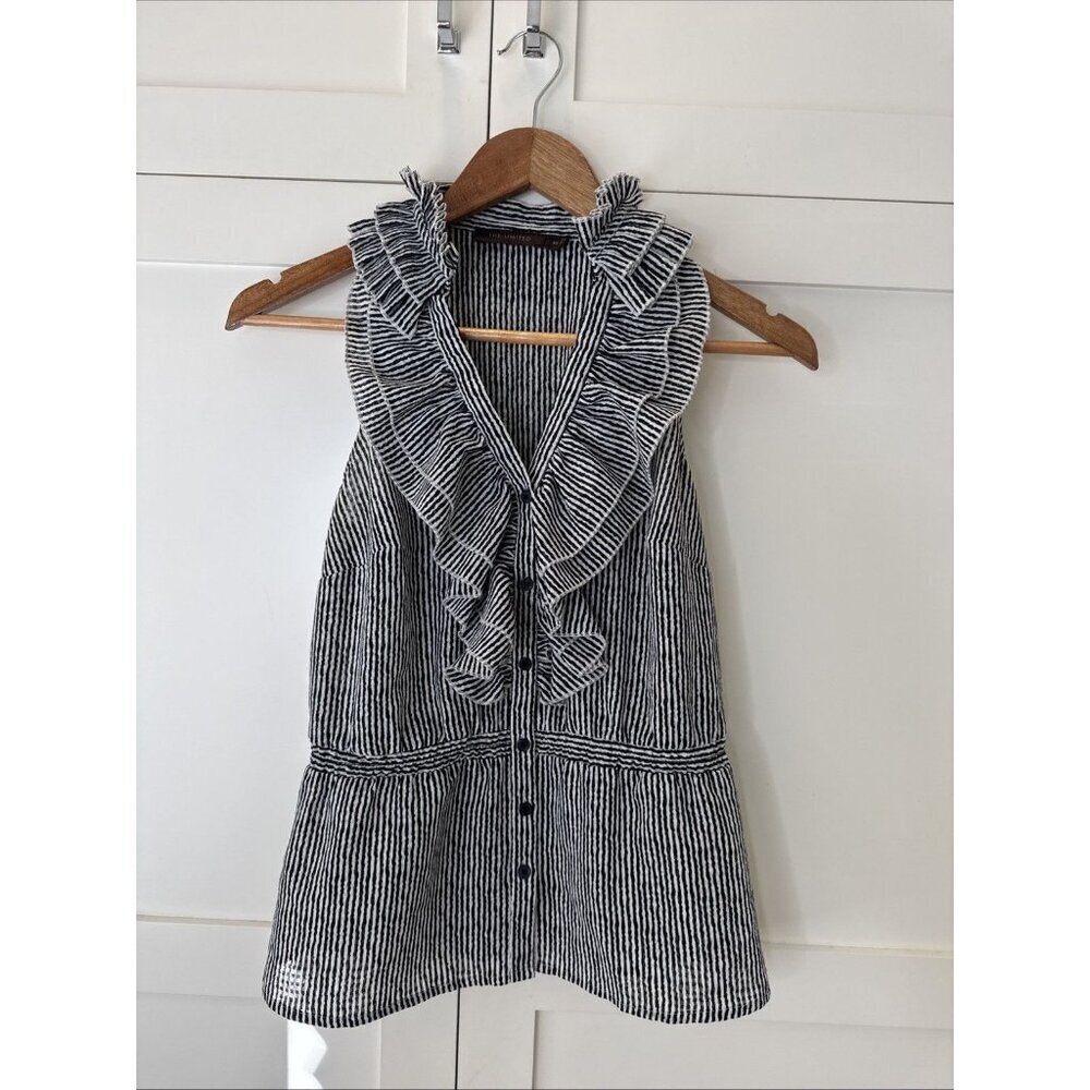 The Limited Ruffle Sleeveless Blouse Top Black & White Stripe XS